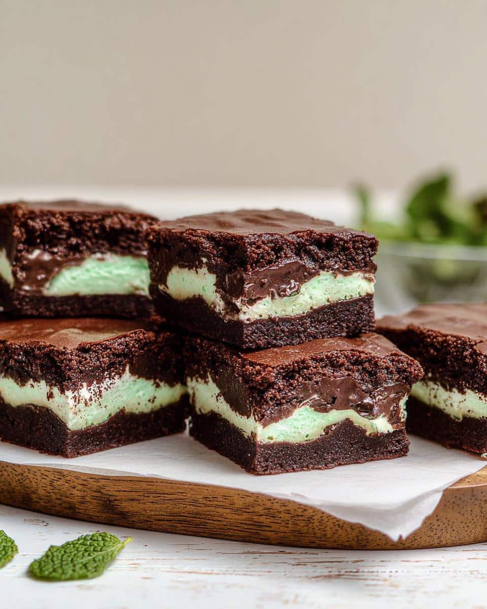 A stack of rich, dark chocolate Mint Chocolate Aero-Style Brownies featuring a bright green mint filling layer.