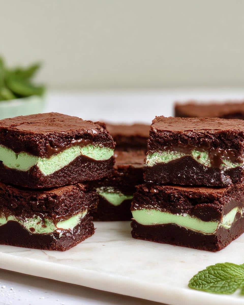 Close-up of stacked Mint Chocolate Aero-Style Brownies showing a thick, light green mint layer between rich chocolate brownie layers.