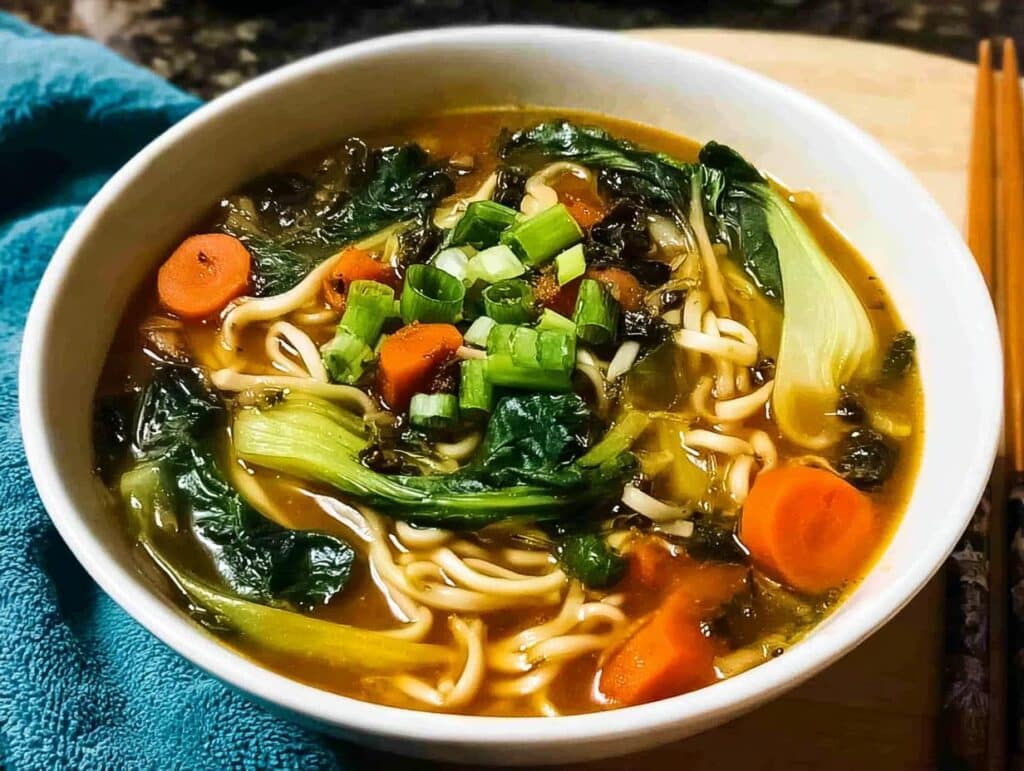 Close-up of a steaming bowl of Miso Vegetable Soup featuring noodles, sliced carrots, bok choy, and green onions.