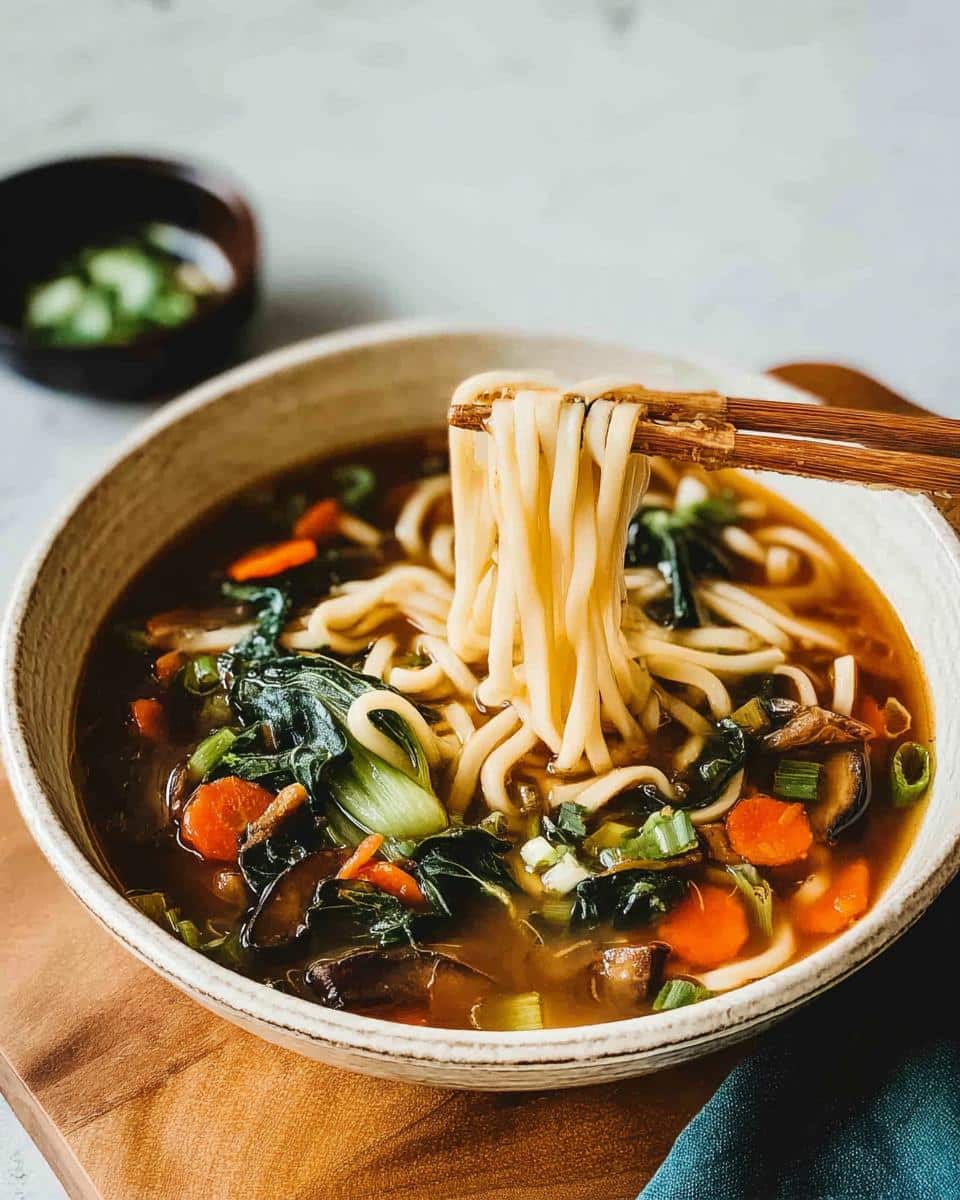Chopsticks lifting thick noodles from a bowl of Miso Vegetable Soup filled with bok choy and carrots.
