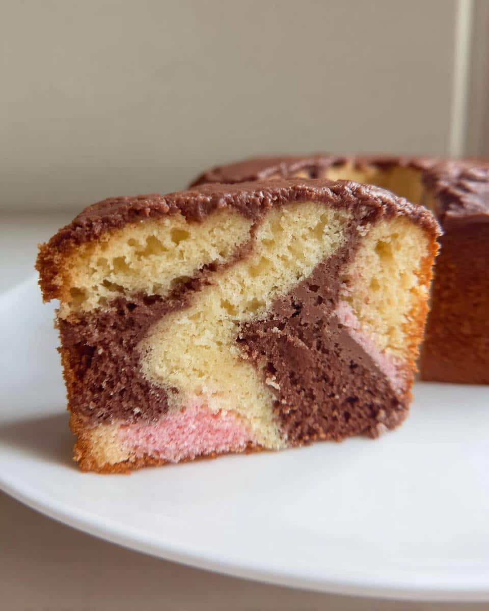 Close-up of a slice of Moist Thermomix Marble Cake showing yellow, brown, and pink swirls, topped with chocolate icing.