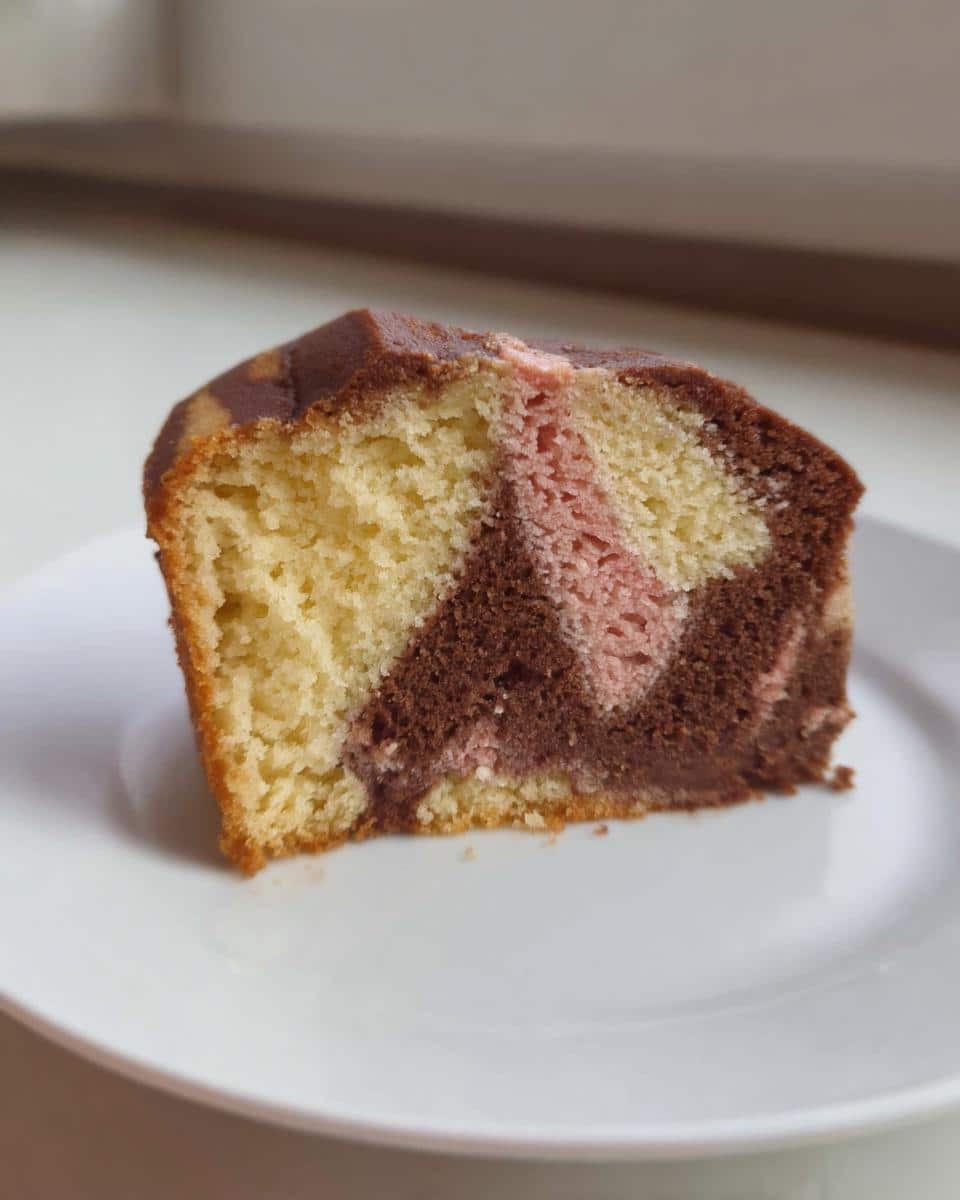 Close-up of a slice of Moist Thermomix Marble Cake showing vanilla, chocolate, and pink marbled batter on a white plate.