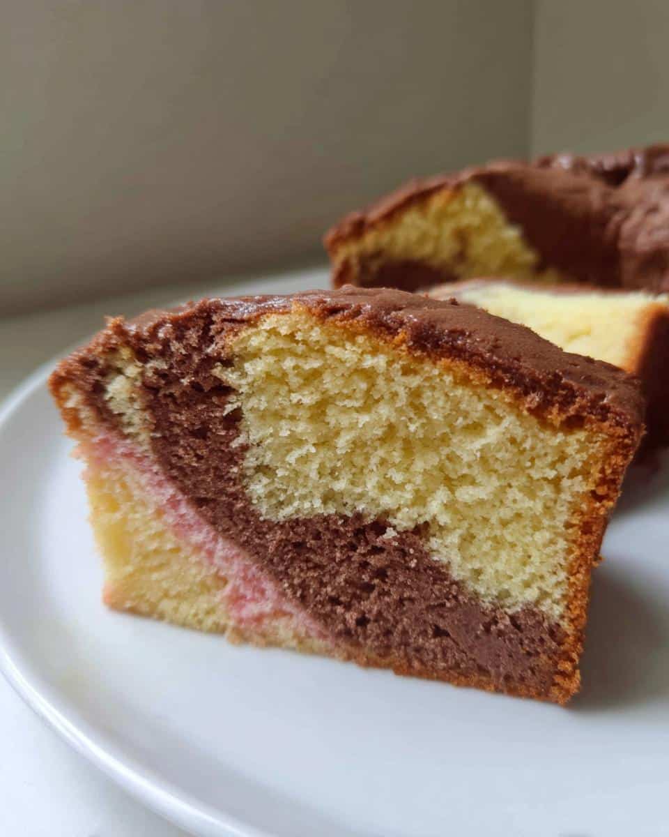 Close-up of a slice of Moist Thermomix Marble Cake showing vanilla, chocolate, and a hint of pink swirl, topped with chocolate frosting.