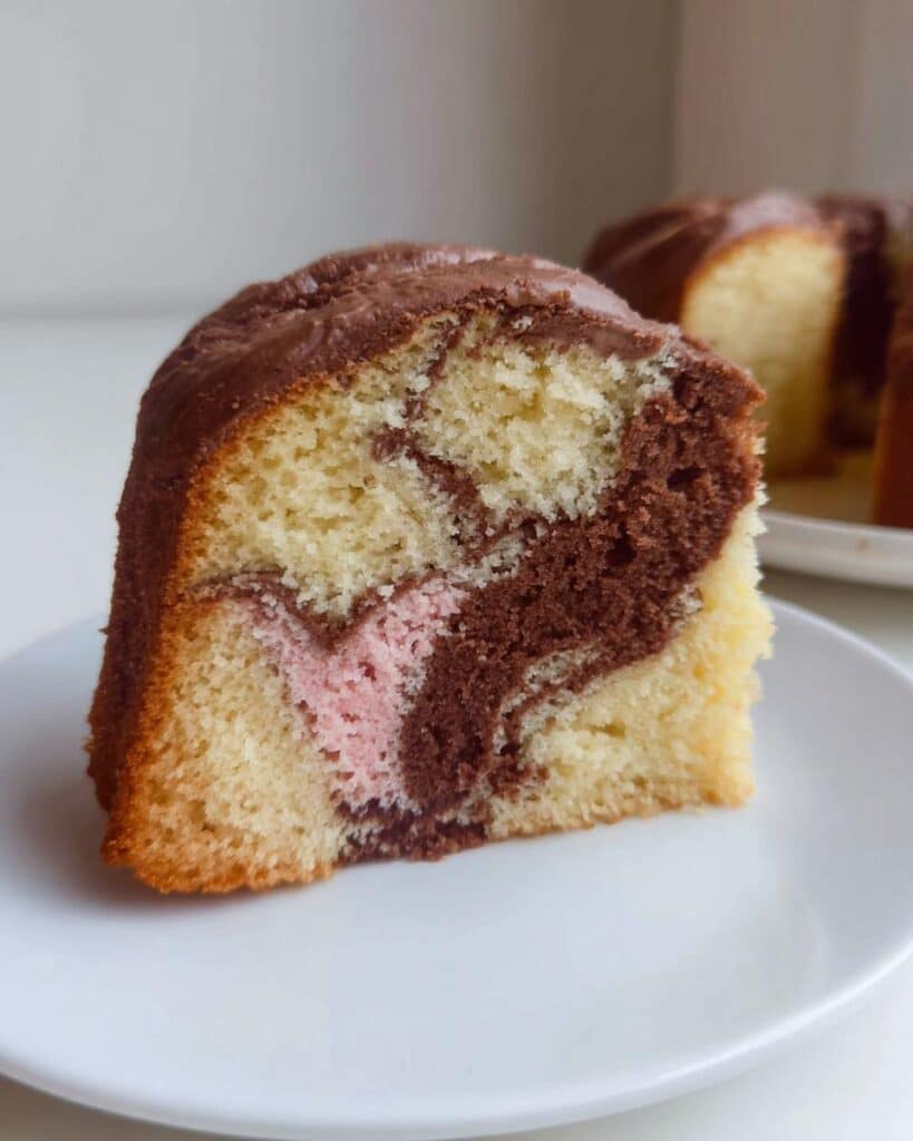 Close-up of a slice of Moist Thermomix Marble Cake showing vanilla, chocolate, and pink swirls, topped with chocolate icing.