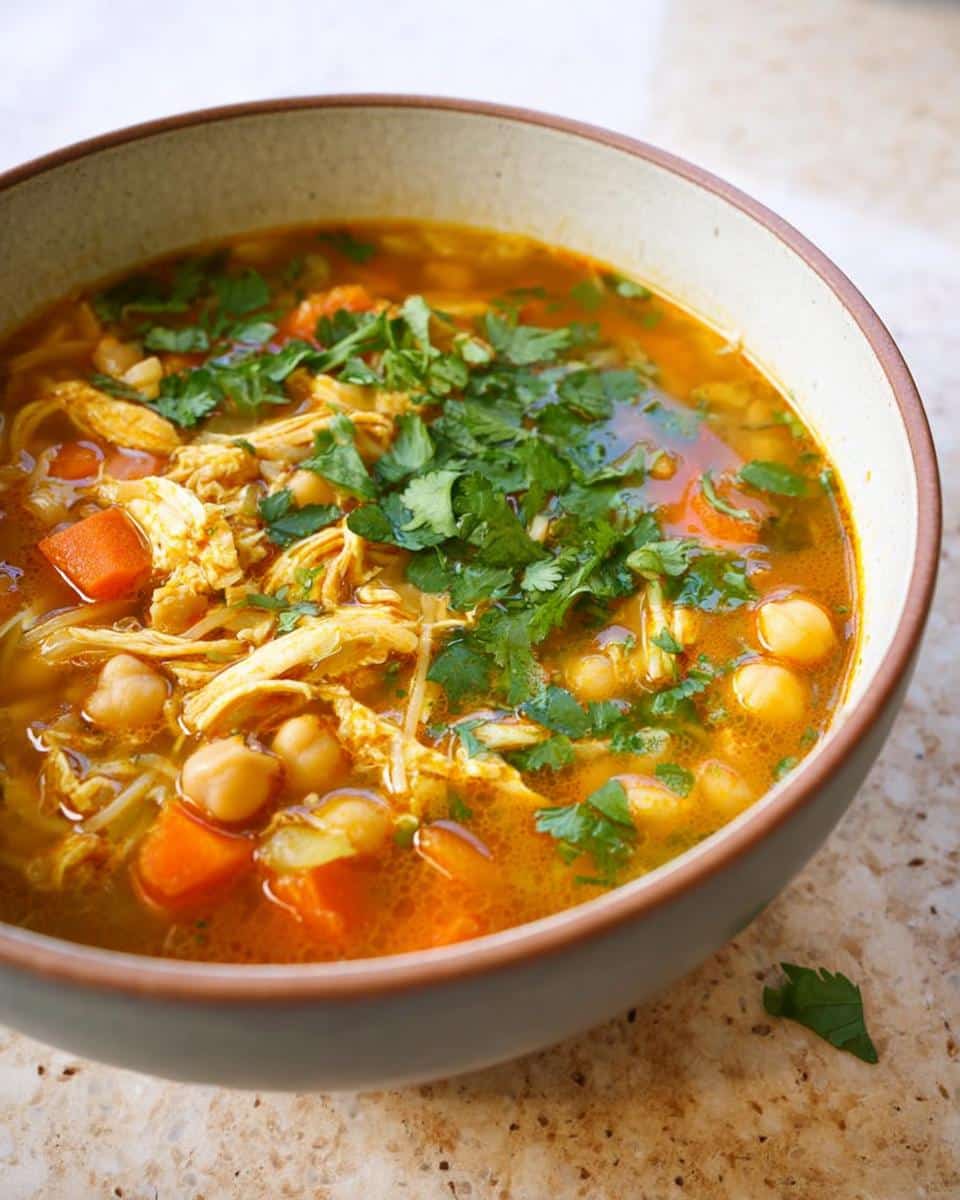 Close-up of a bowl of vibrant Moroccan Chicken Soup featuring shredded chicken, chickpeas, carrots, and fresh cilantro.