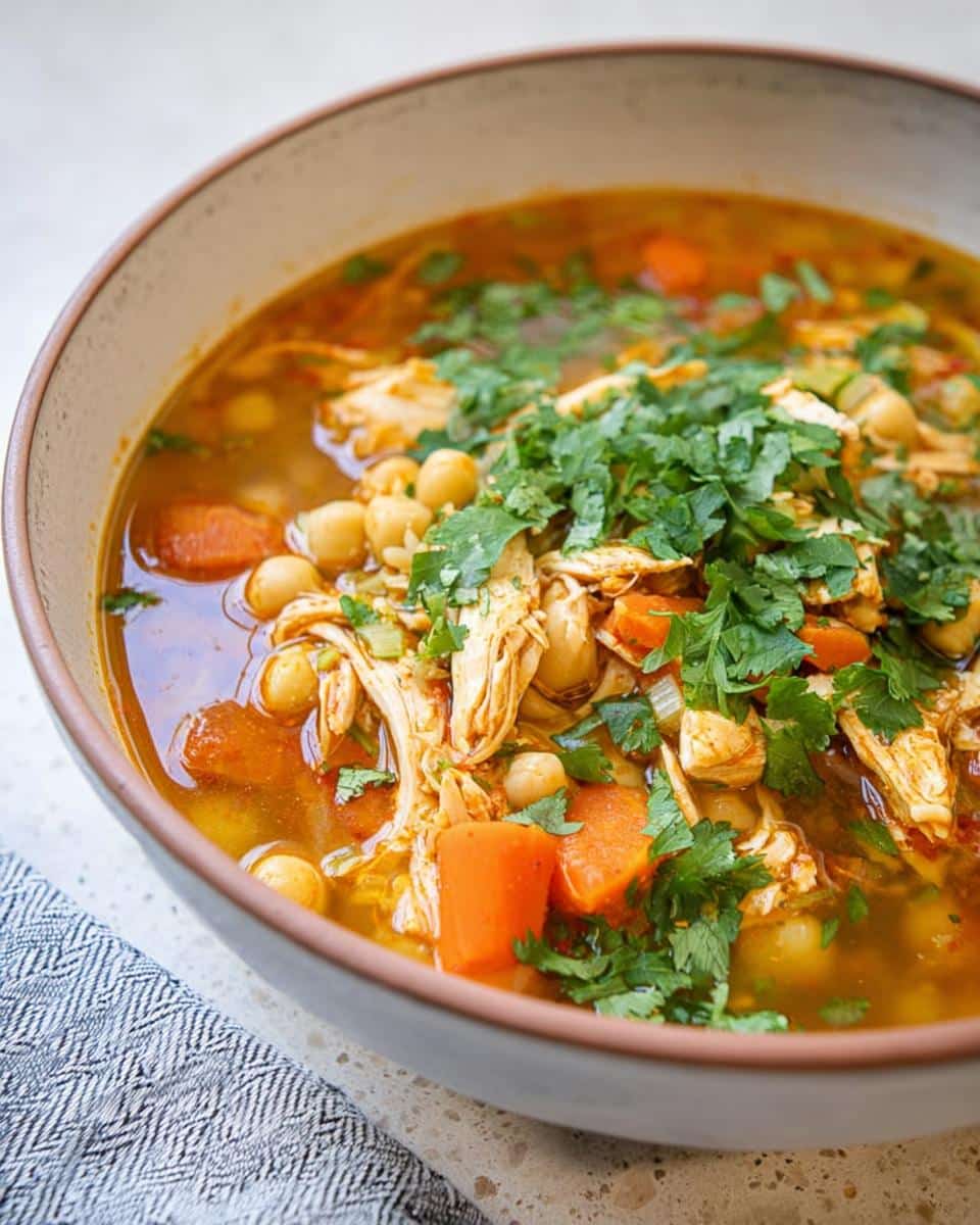 Close-up of a bowl of vibrant Moroccan Chicken Soup with shredded chicken, chickpeas, carrots, and fresh cilantro.