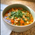 A close-up of a bowl of rich, orange broth Moroccan Chicken Soup, filled with shredded chicken, carrots, and chickpeas, topped generously with fresh cilantro.