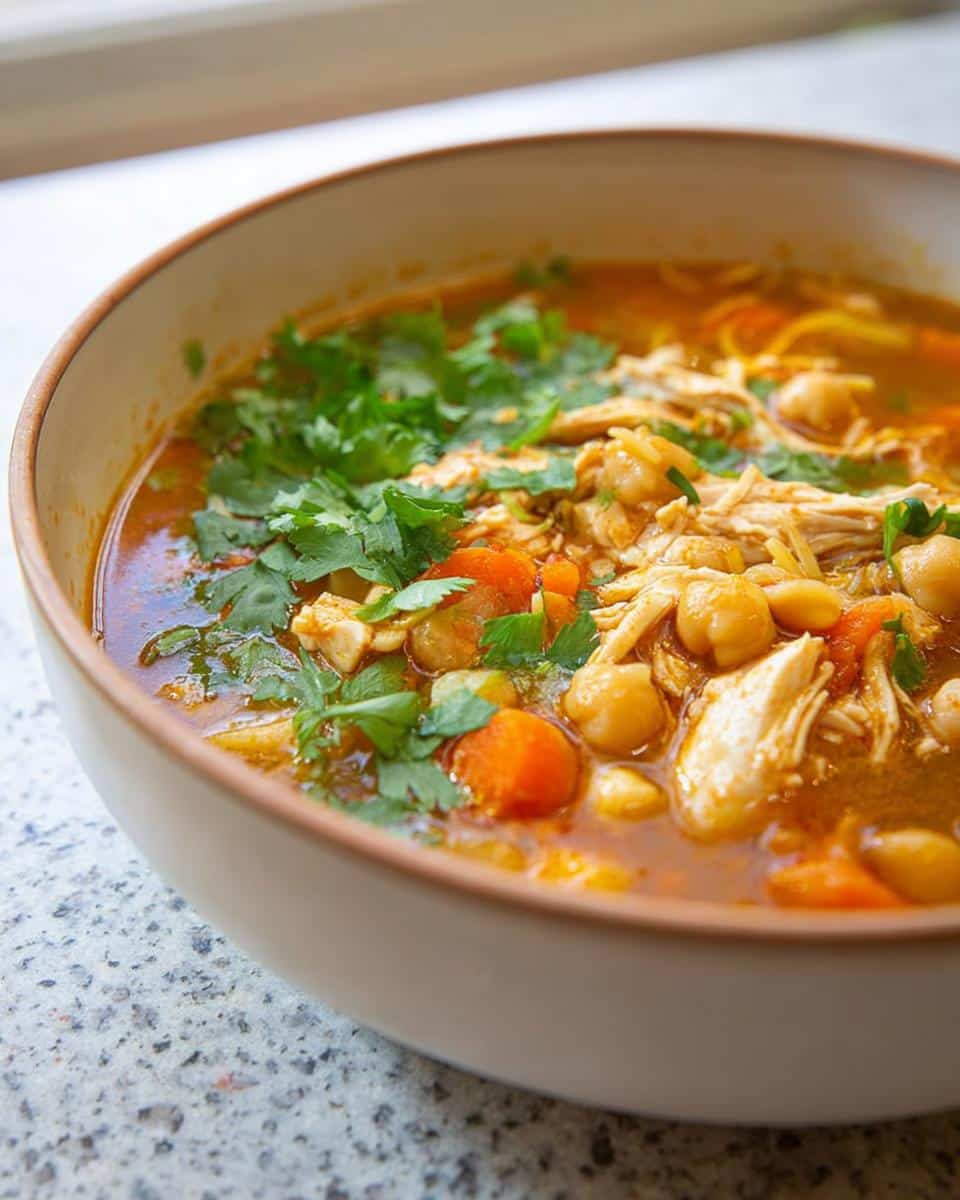 Close-up of a warm bowl of Moroccan Chicken Soup featuring shredded chicken, chickpeas, carrots, and fresh cilantro.