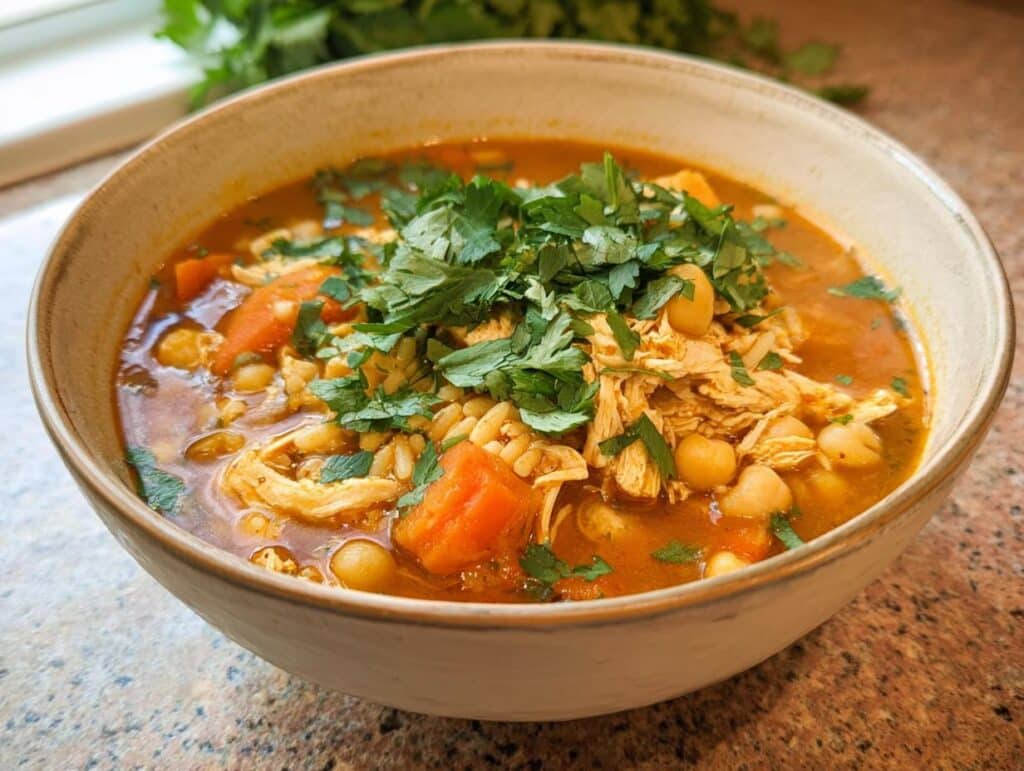 Close-up of a bowl of rich, orange-hued Moroccan Chicken Soup topped with shredded chicken, chickpeas, and fresh cilantro.
