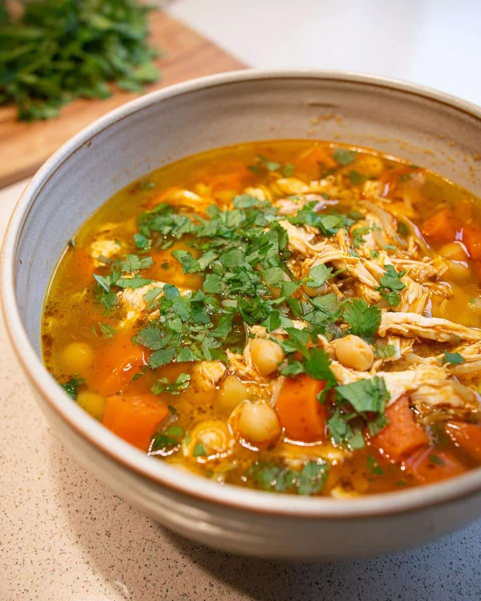 Close-up of a bowl of rich, golden Moroccan Chicken Soup topped with shredded chicken, chickpeas, carrots, and fresh cilantro.