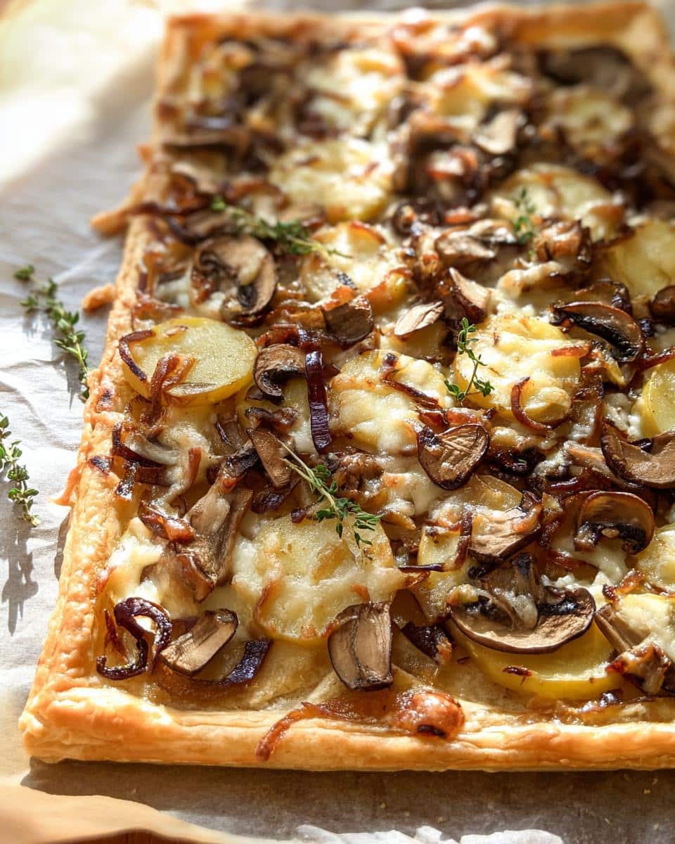 Close-up of a rectangular Mushroom Caramelized Onion Tart with melted cheese, sliced mushrooms, and caramelized red onions on a flaky crust.