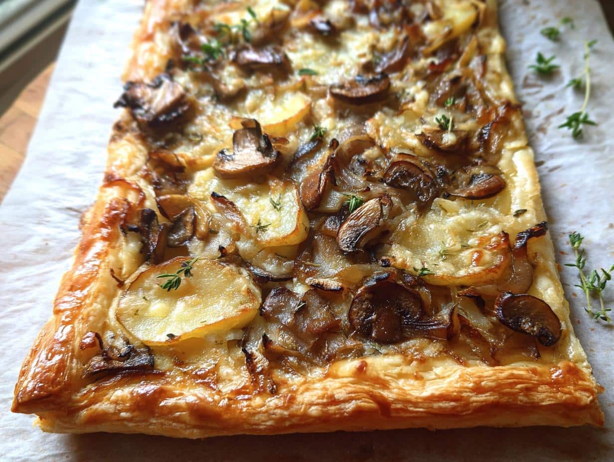 A rectangular, golden-brown Mushroom Caramelized Onion Tart with visible layers of puff pastry, topped with mushrooms and potato slices.