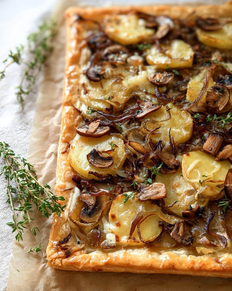 Close-up of a Mushroom Caramelized Onion Tart with sliced potatoes and fresh thyme garnish.