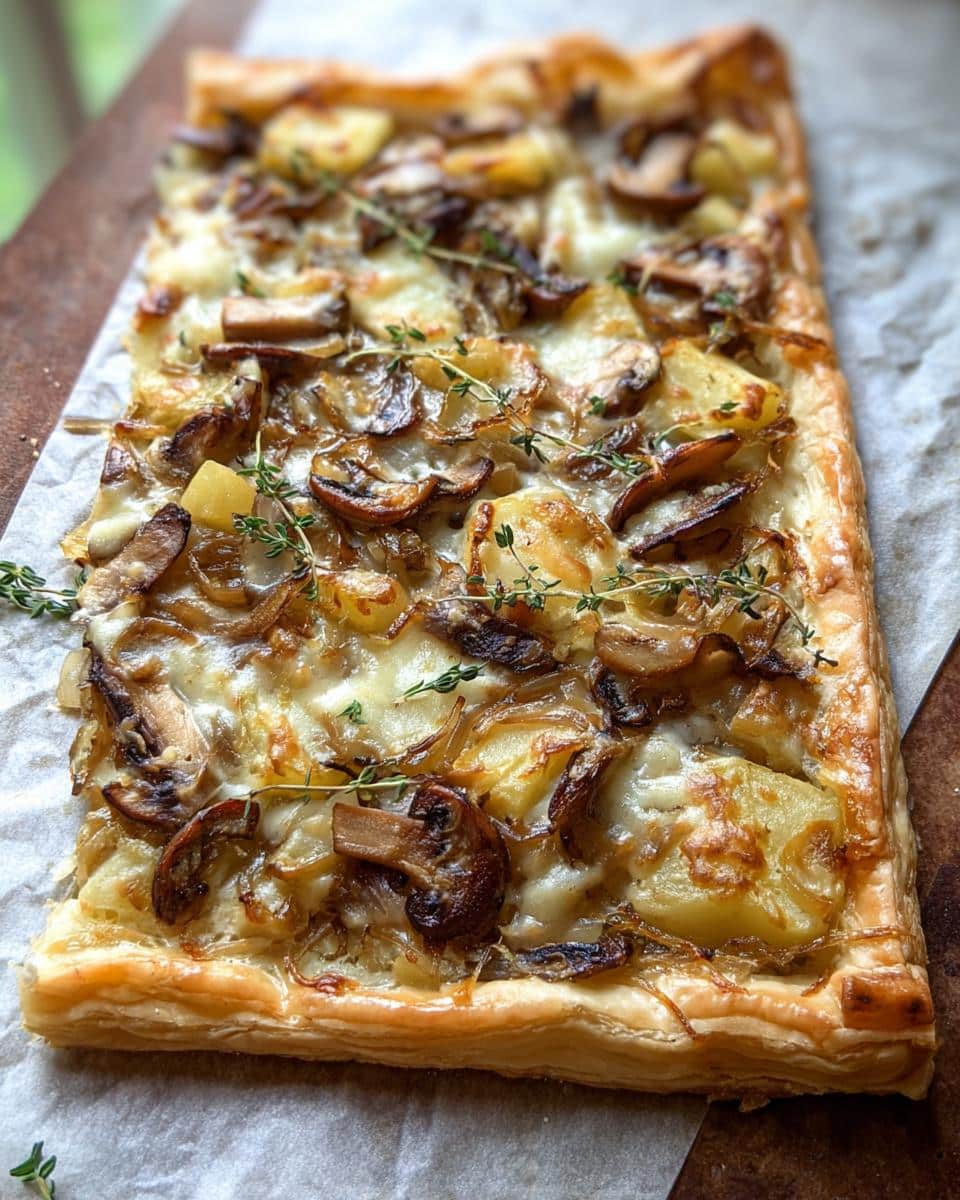 Close-up of a rectangular Mushroom Caramelized Onion Tart with melted cheese and fresh thyme sprigs.