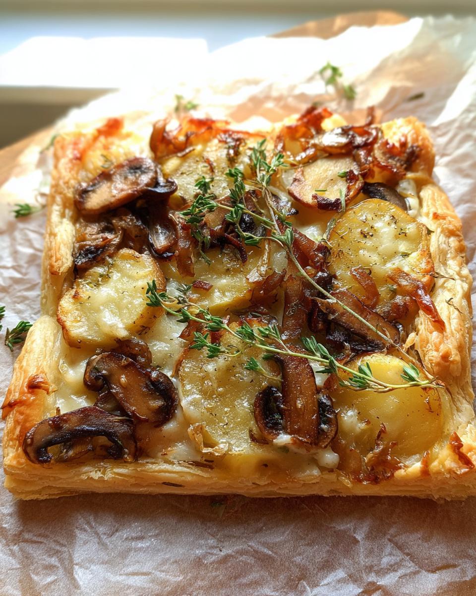 Close-up of a square Mushroom Caramelized Onion Tart with sliced potatoes and fresh thyme garnish.