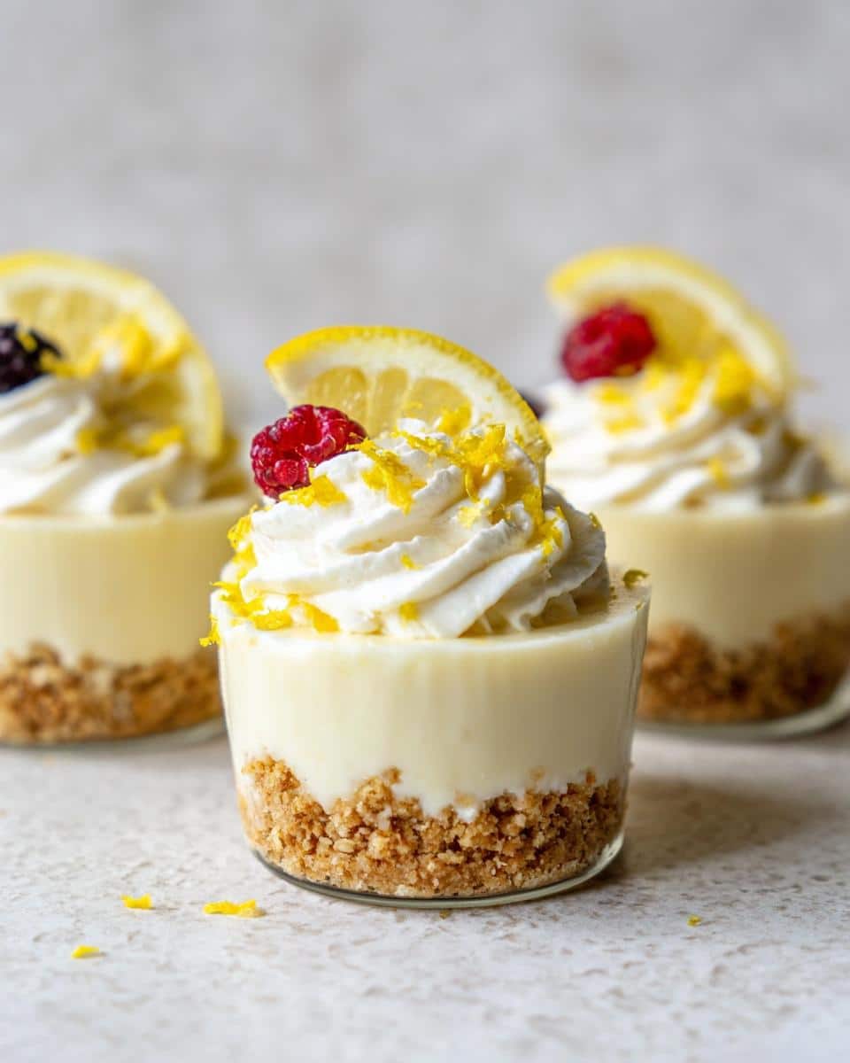 A close-up of a No-Bake Lemon Cheesecake Cup topped with whipped cream, a raspberry, and lemon zest.
