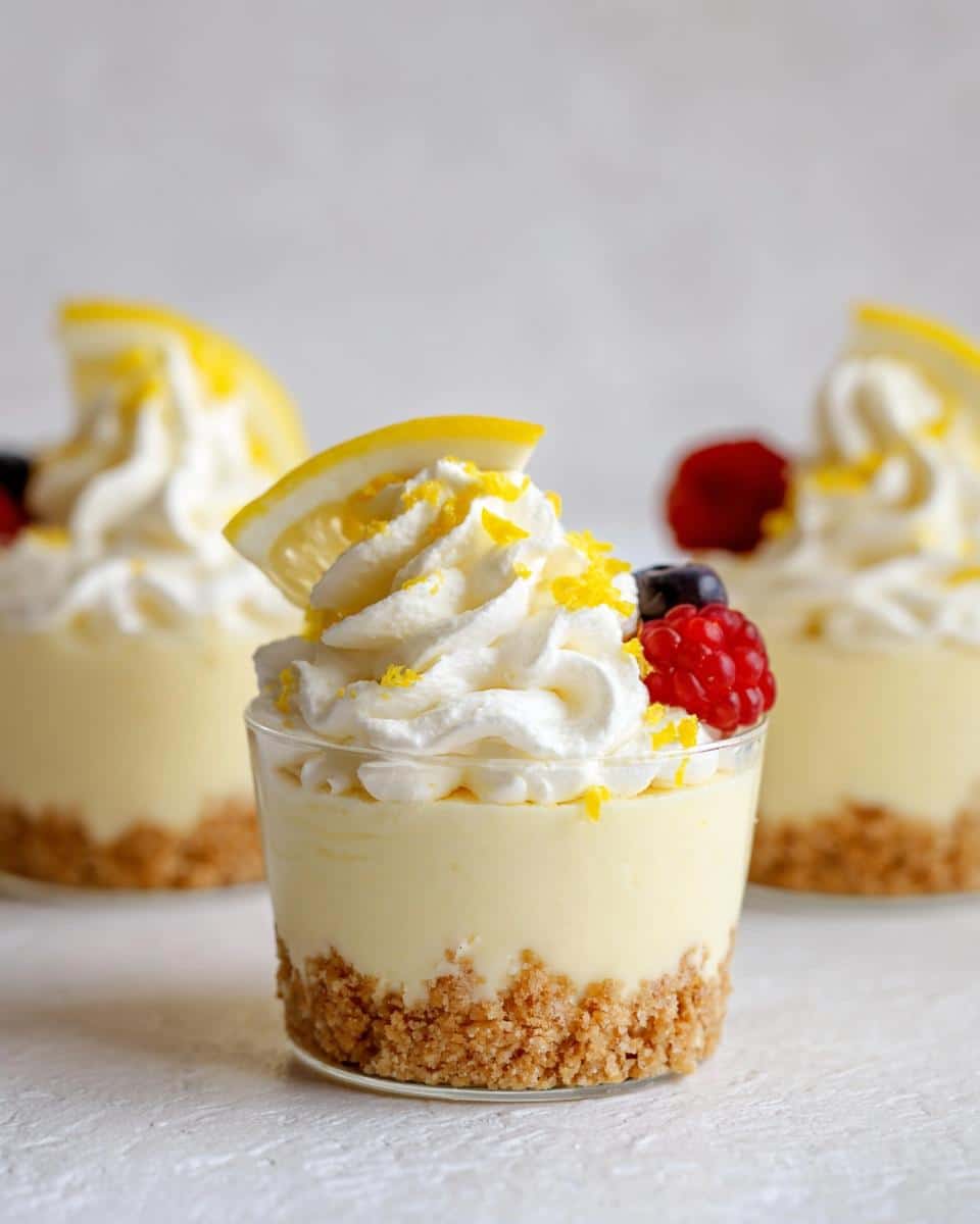 Close-up of a No-Bake Lemon Cheesecake Cup topped with whipped cream, lemon zest, and fresh berries.