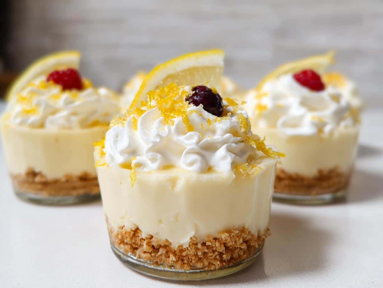 Close-up of individual No-Bake Lemon Cheesecake Cups topped with whipped cream, zest, and a berry.