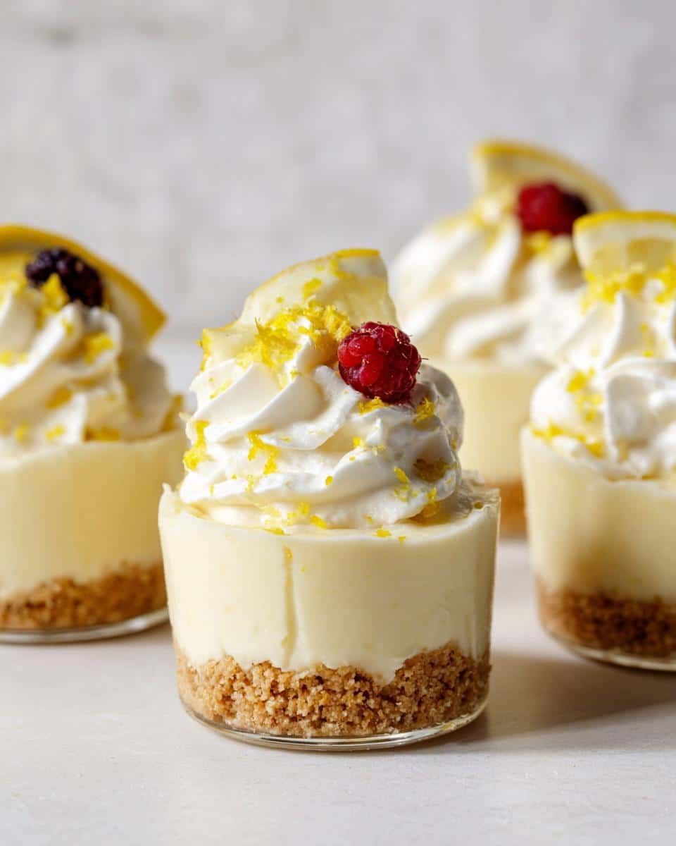 Close-up of No-Bake Lemon Cheesecake Cups topped with whipped cream, lemon zest, and a raspberry.