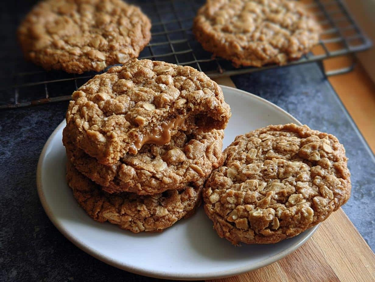 Stack of soft Oatmeal Peanut Butter Cookies with melted peanut butter oozing out of the top one.