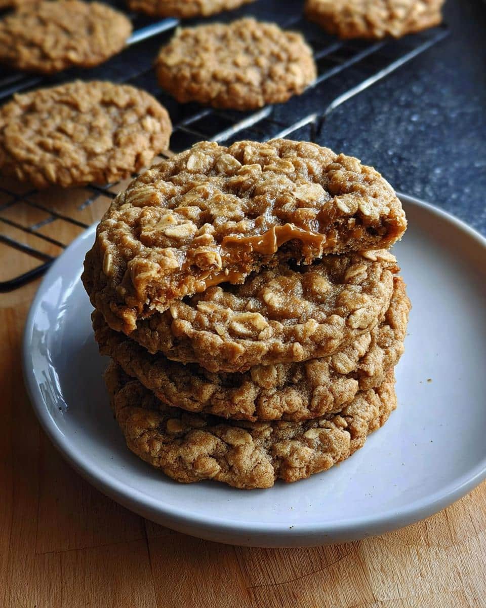 A stack of three chewy Oatmeal Peanut Butter Cookies, with the top one broken to show the soft, gooey center.