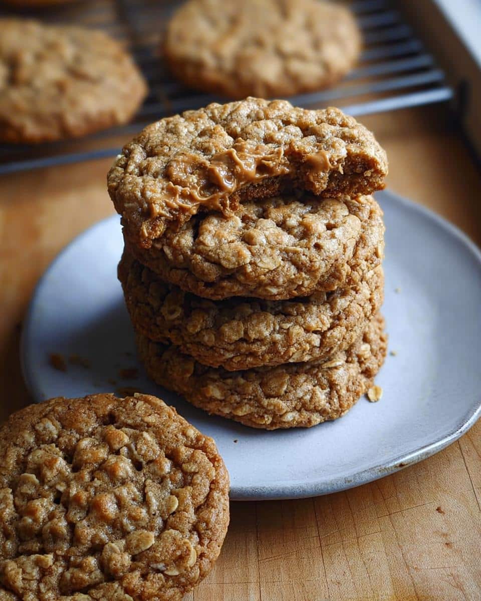 A stack of four chewy Oatmeal Peanut Butter Cookies, with the top one broken open revealing the soft peanut butter center.