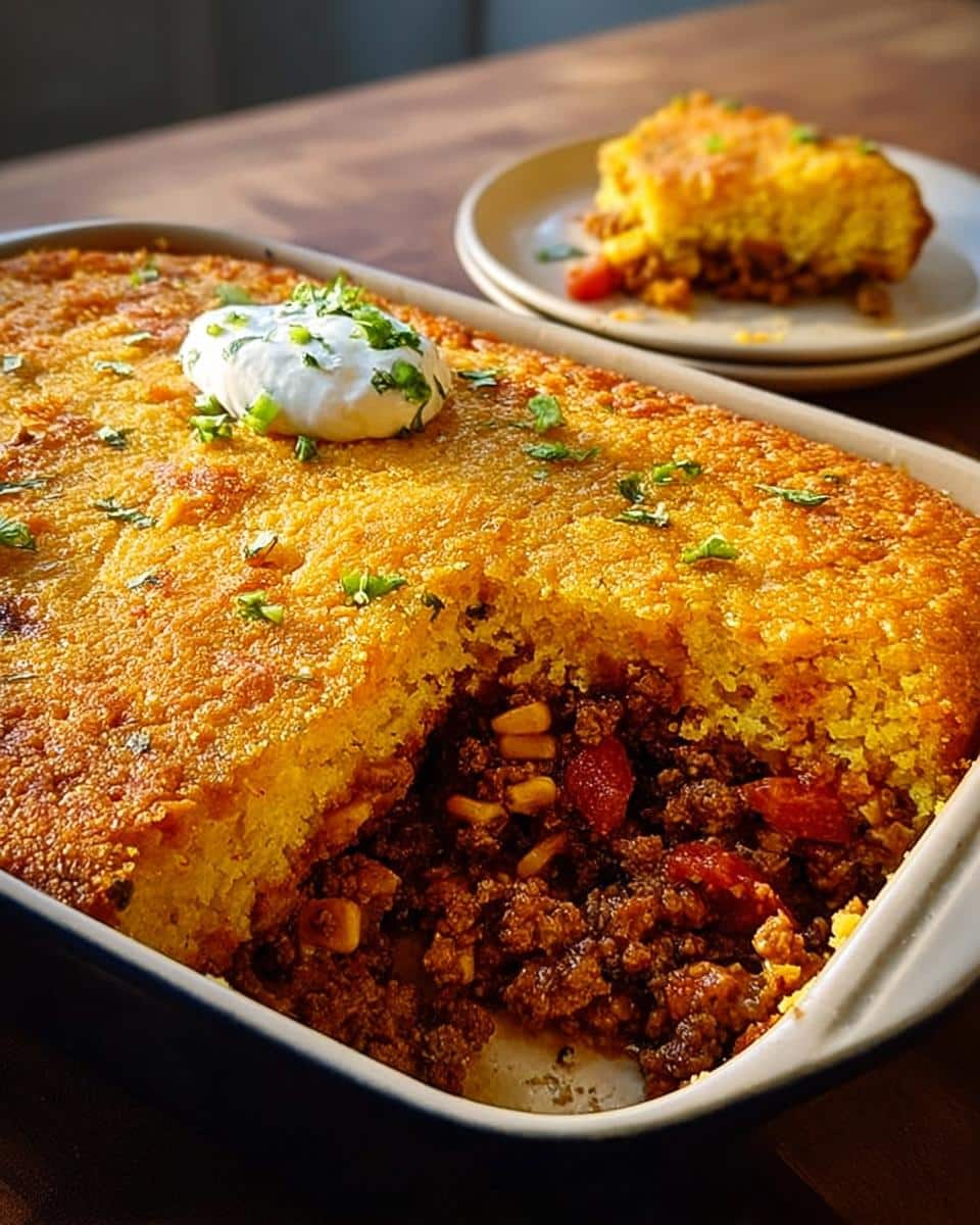A scoop of sour cream tops the golden crust of the One-Pan Beef & Cornbread Casserole, showing the savory beef filling inside.