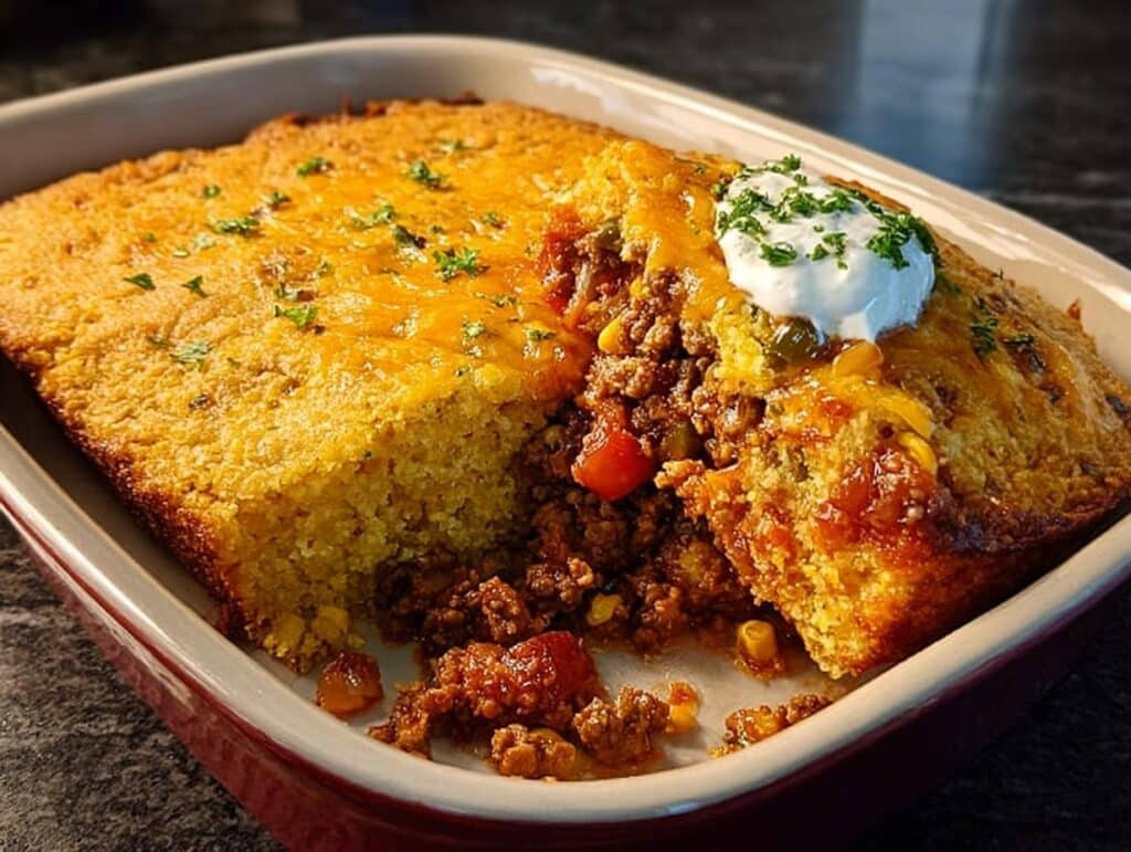 A scoop taken out of a One-Pan Beef & Cornbread Casserole showing the savory beef filling and golden cornbread topping.