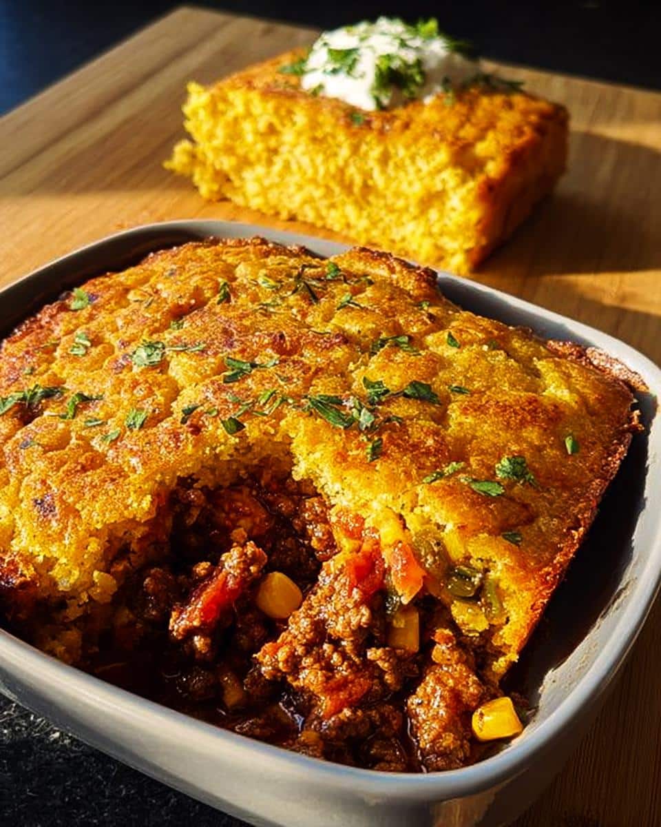 A scoop taken out of the One-Pan Beef & Cornbread Casserole showing the rich beef filling, with a slice of cornbread nearby.