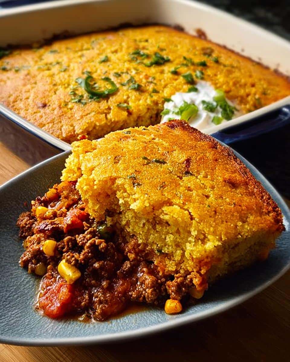 A square serving of One-Pan Beef & Cornbread Casserole with savory beef chili base and golden cornbread topping.