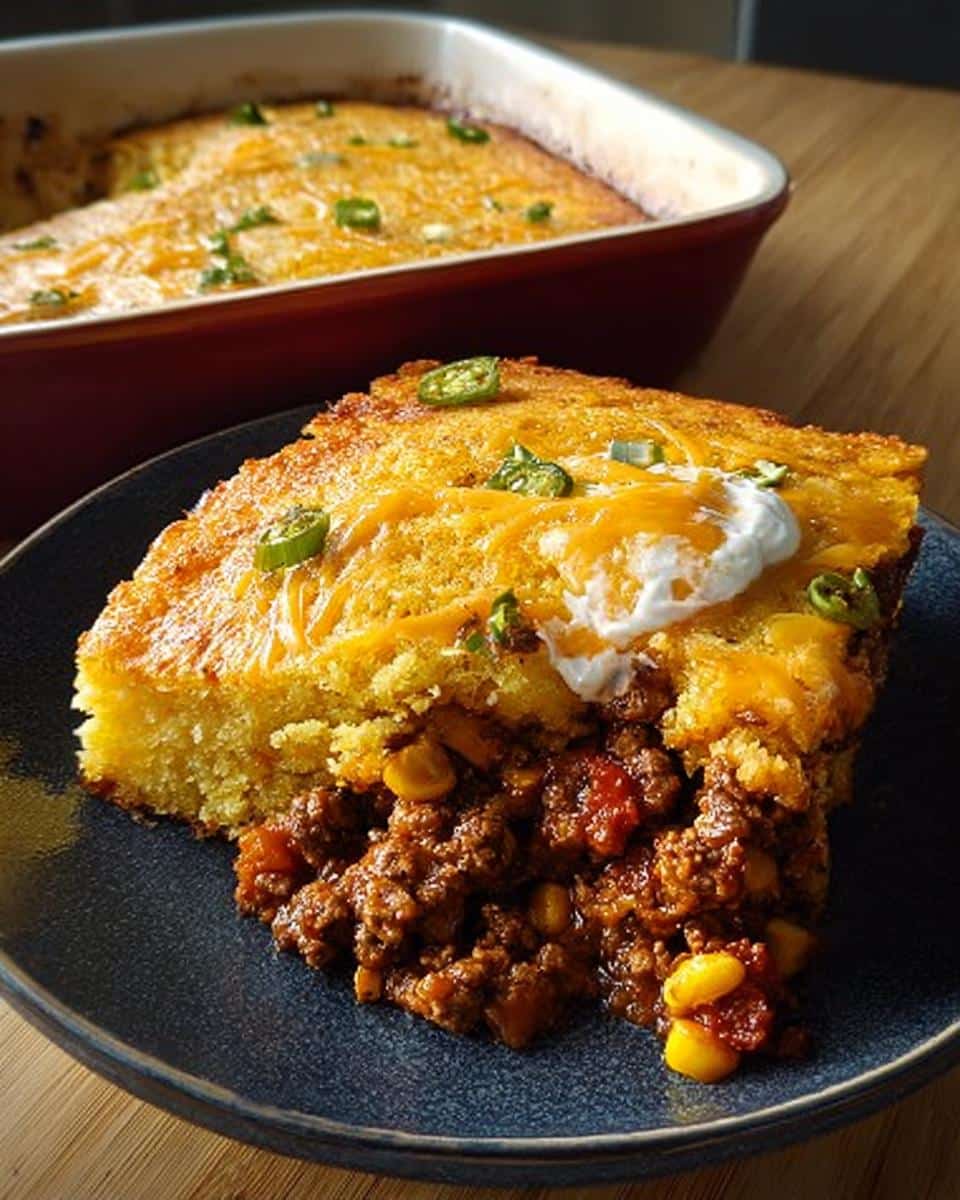 A hearty slice of One-Pan Beef & Cornbread Casserole topped with melted cheese, sour cream, and jalapeños.