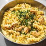 Close-up of Creamy Lemon Chicken Pasta with fusilli, chicken pieces, and topped with fresh parsley and lemon zest.