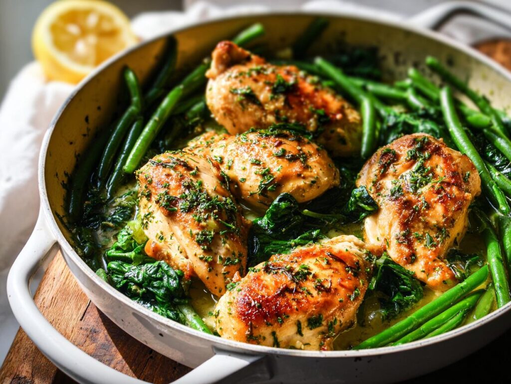 Four golden brown chicken breasts nestled with green beans and spinach in a creamy garlic butter sauce.