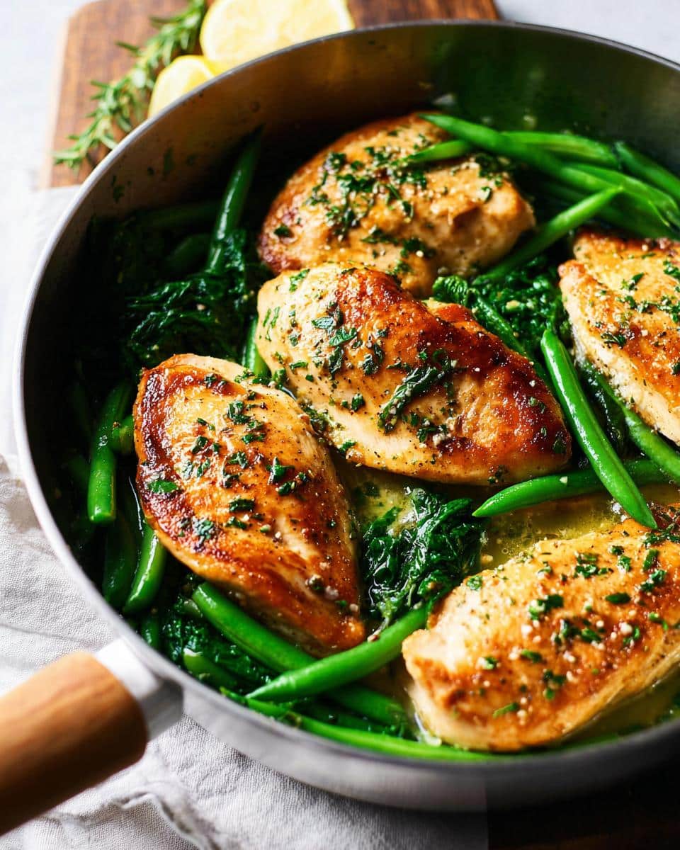 Four golden-brown chicken breasts cooking in a pan with bright green beans and garlic butter sauce.