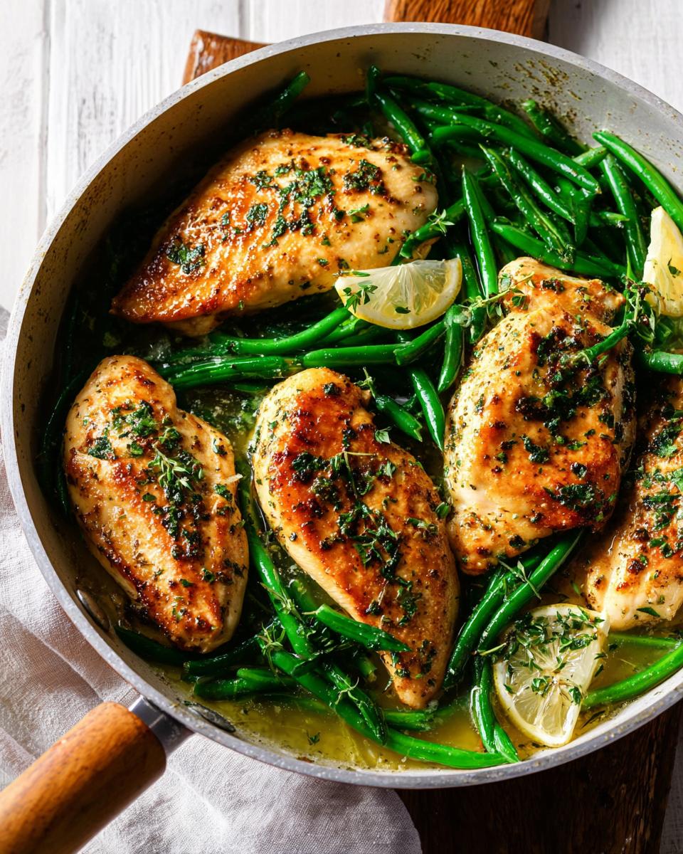 Four golden-brown chicken breasts resting on bright green beans in a skillet with garlic butter sauce.