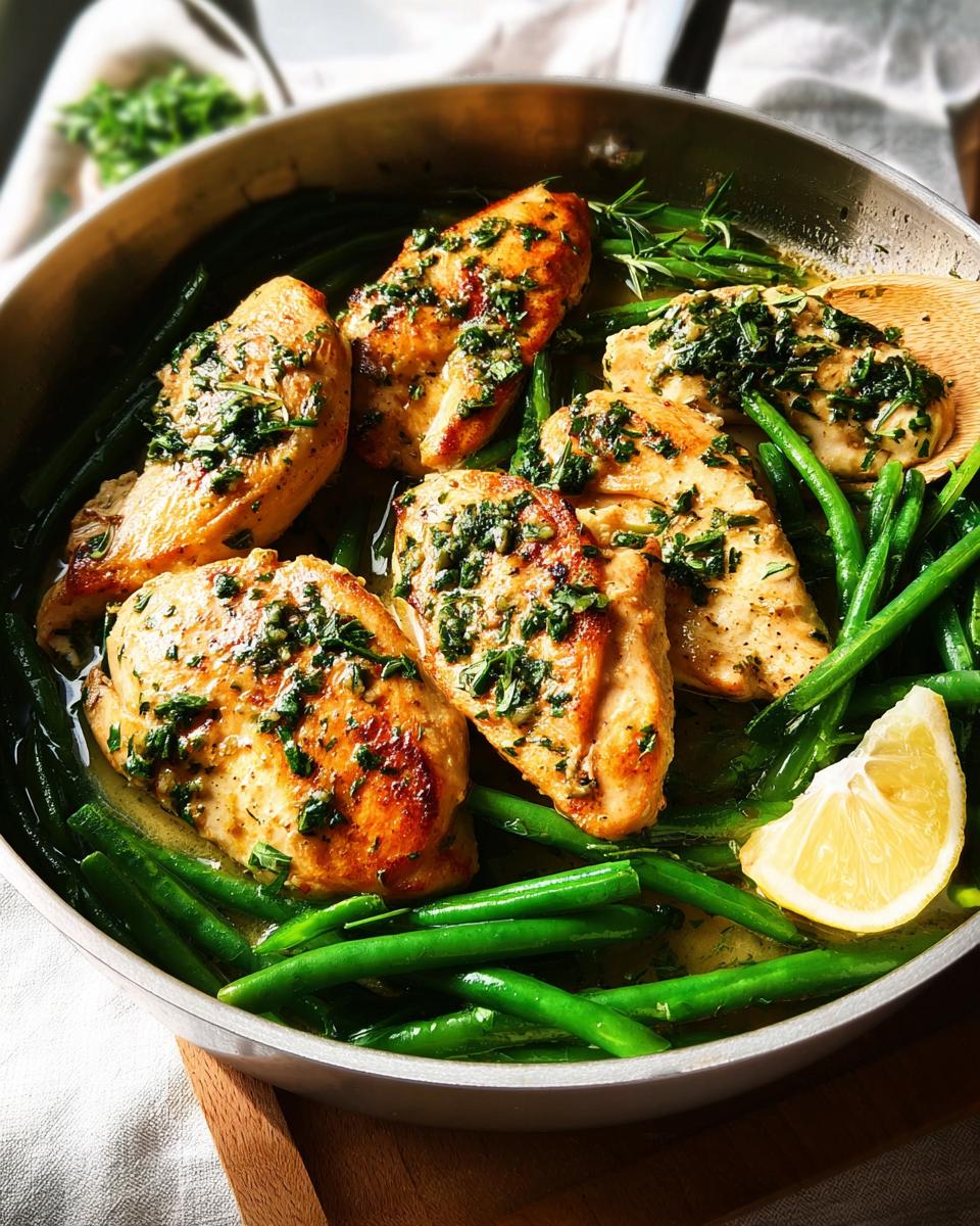 Golden brown chicken breasts topped with herbs nestled among bright green beans in a skillet, featuring a slice of lemon.