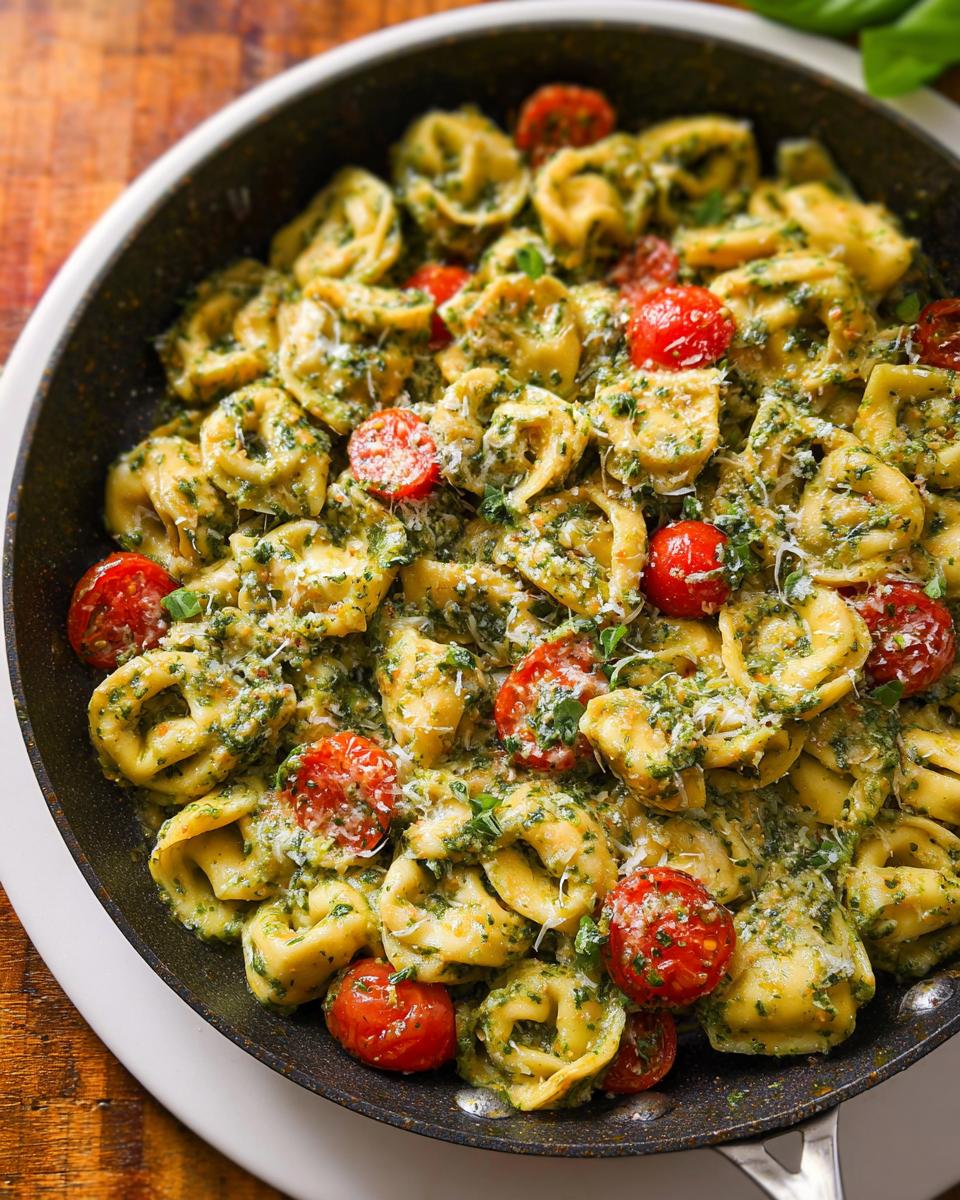 Close-up of One-Pot Pesto Tortellini with Cherry Tomatoes coated in green pesto sauce and sprinkled with Parmesan.