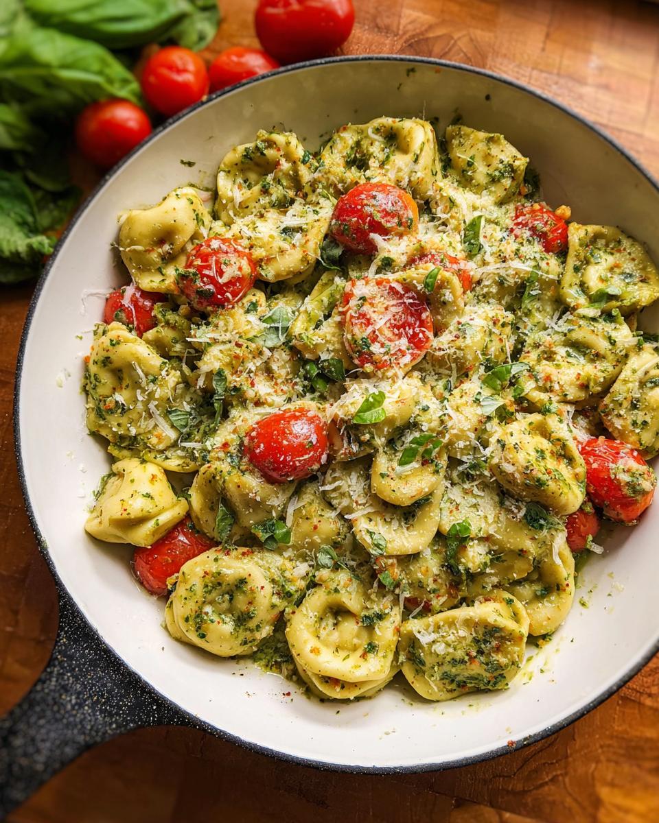 Close-up of One-Pot Pesto Tortellini with Cherry Tomatoes, topped with Parmesan cheese and fresh basil.