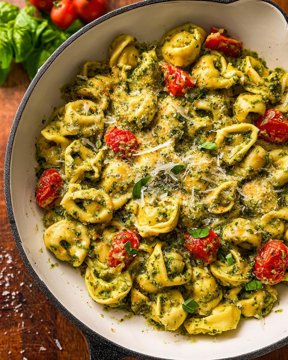 Close-up overhead view of One-Pot Pesto Tortellini with Cherry Tomatoes, coated in green pesto and topped with Parmesan.