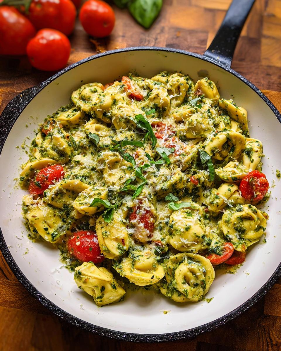 Close-up of One-Pot Pesto Tortellini with Cherry Tomatoes coated in green pesto sauce and topped with Parmesan.