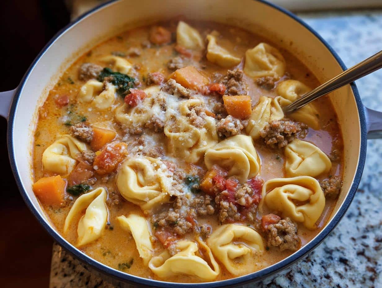 Close-up of steaming One-Pot Sausage Tortellini Harvest Soup filled with tortellini, sausage, and orange vegetables in a white Dutch oven.