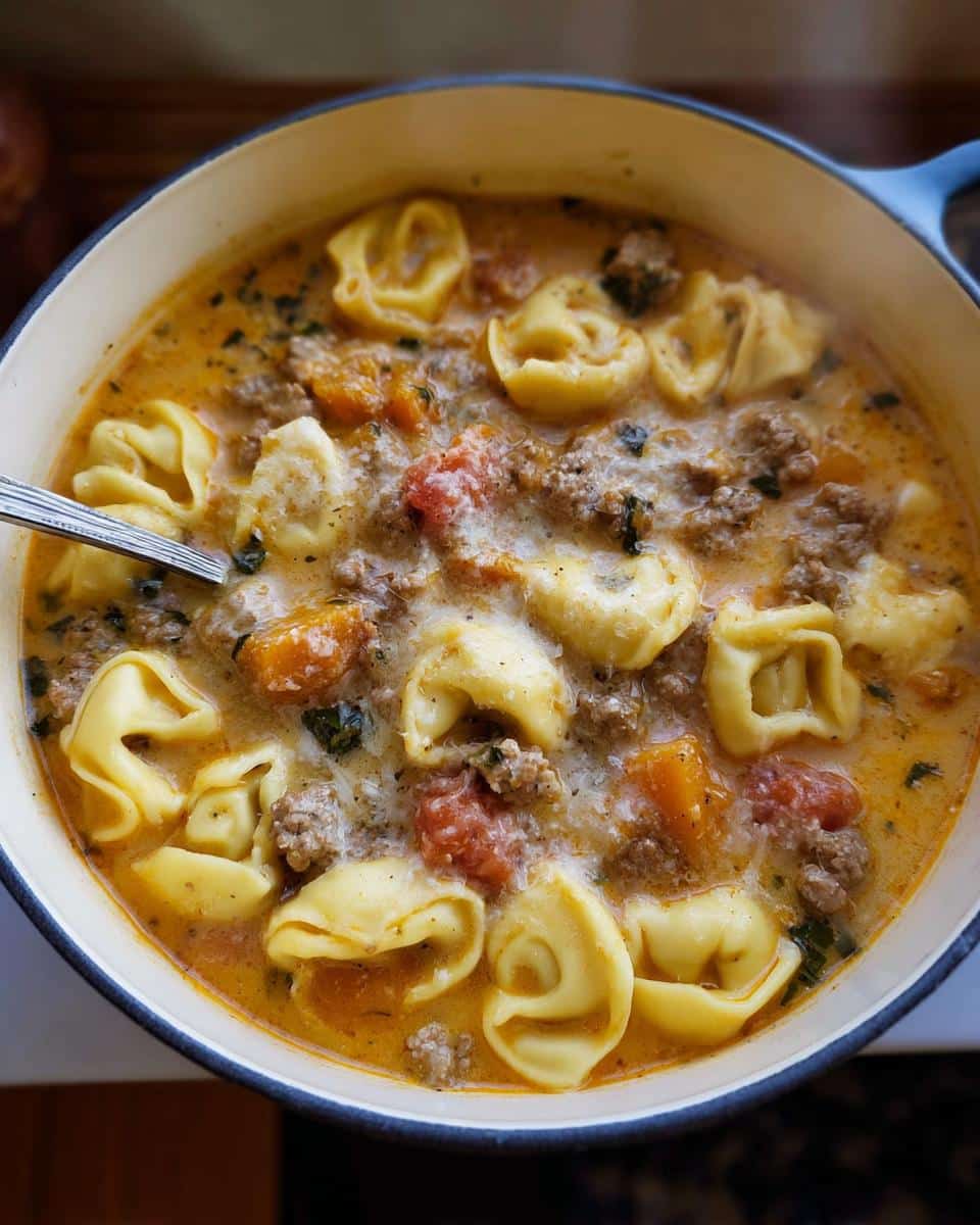 A close-up overhead view of creamy One-Pot Sausage Tortellini Harvest Soup simmering in a Dutch oven.