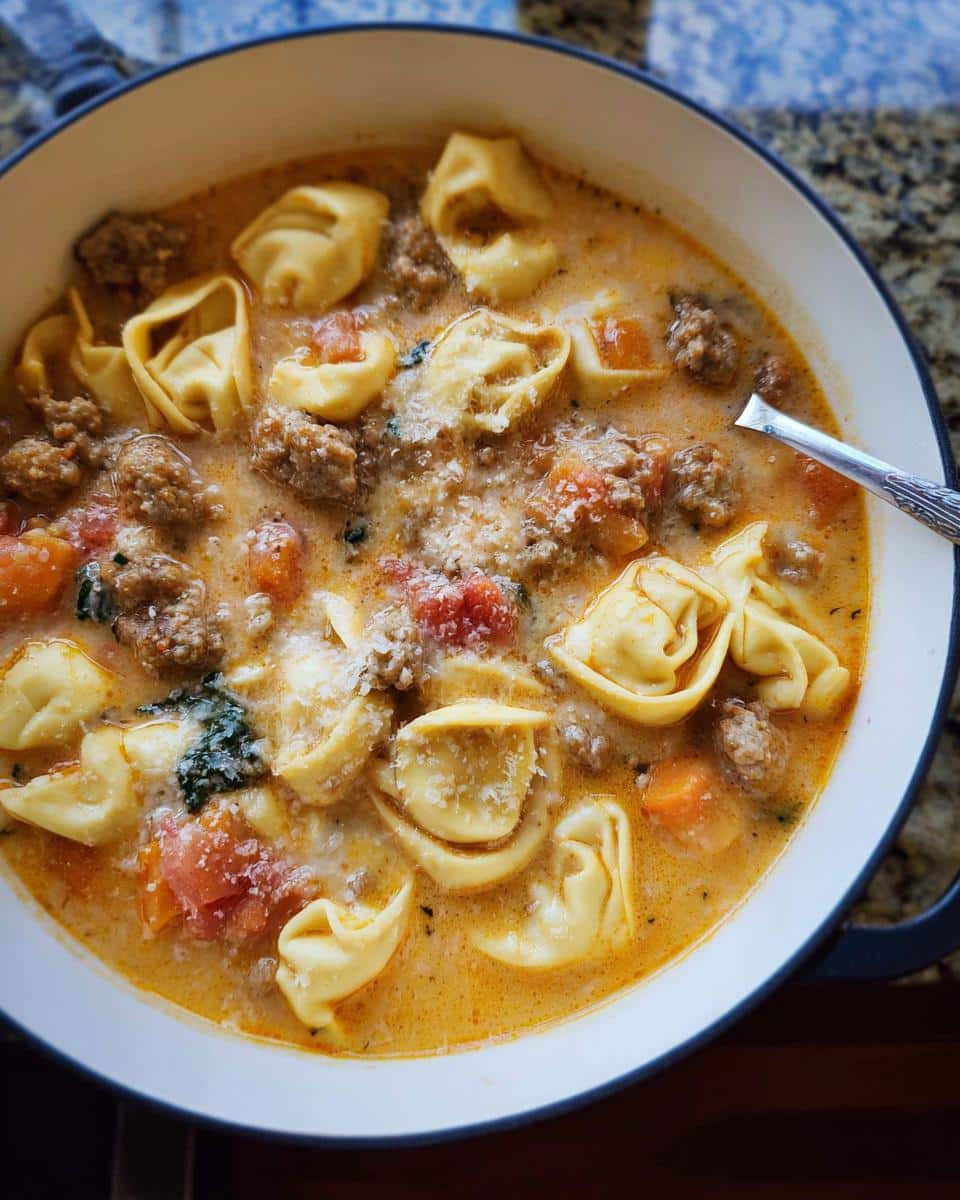 A close-up view of creamy One-Pot Sausage Tortellini Harvest Soup topped with grated cheese.
