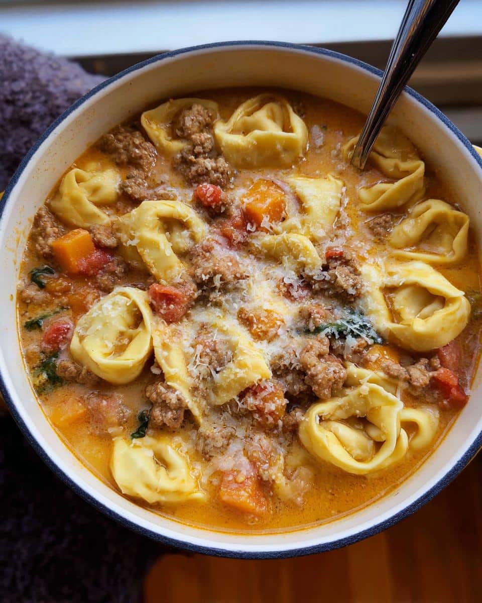 Close-up of a bowl filled with creamy One-Pot Sausage Tortellini Harvest Soup, topped with grated Parmesan cheese.