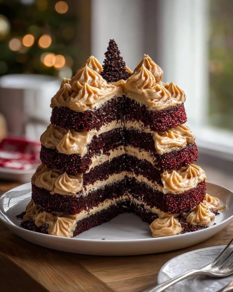 A tall, multi-layered Peanut Butter Chocolate Bliss Cake with a slice removed, showing rich dark layers and peanut butter frosting.