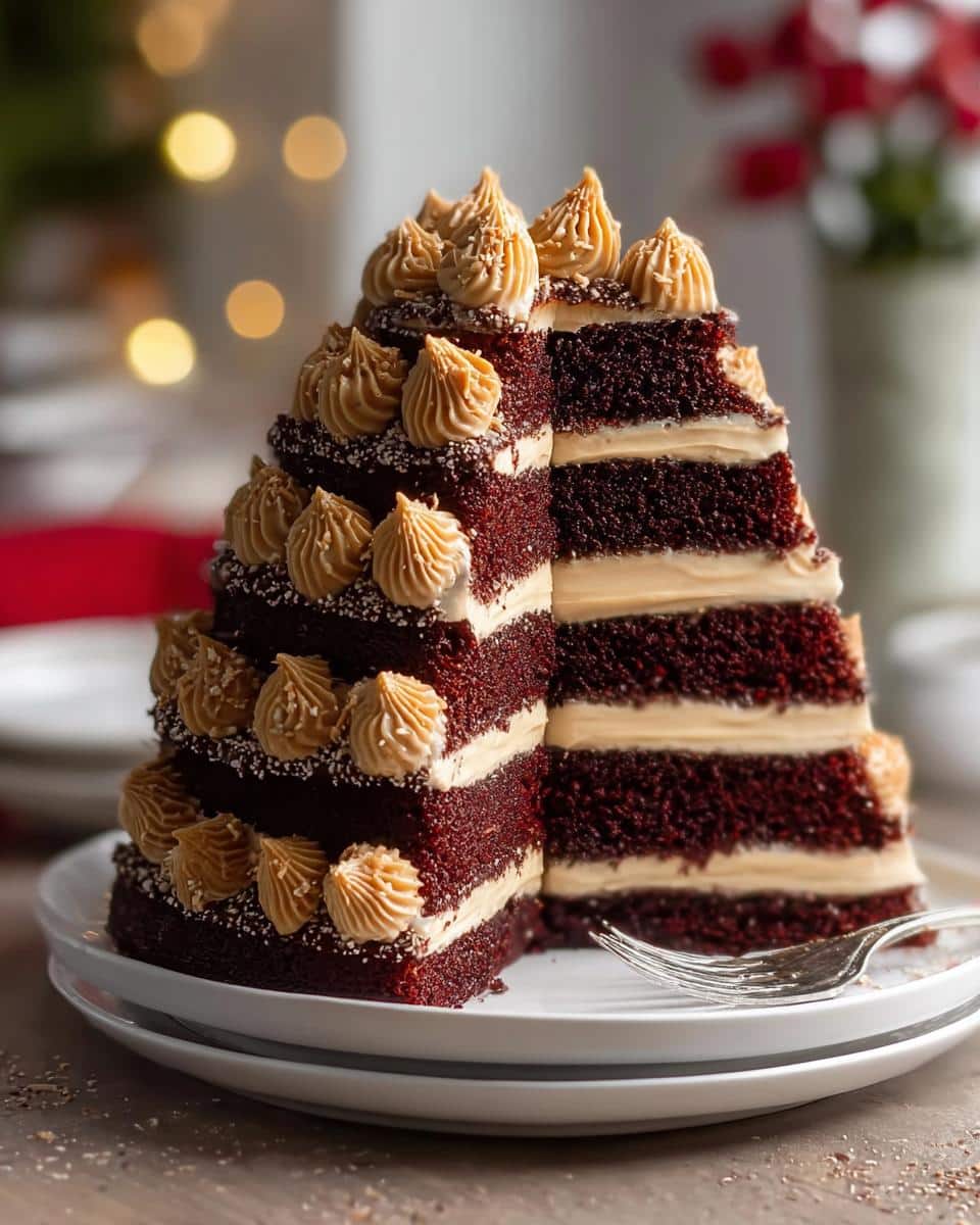 Close-up of a cut slice showing the layers of the Peanut Butter Chocolate Bliss Cake with peanut butter frosting dollops.