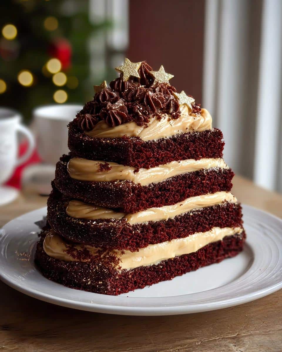 Close-up of a layered slice of Peanut Butter Chocolate Bliss Cake showing dark red cake and thick peanut butter frosting.