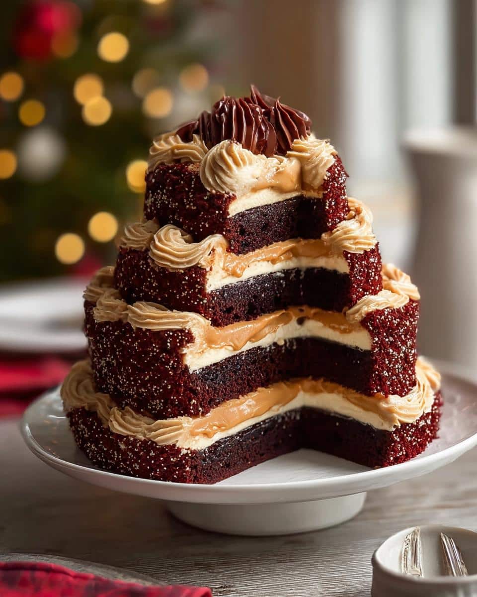 A multi-layered Peanut Butter Chocolate Bliss Cake with a slice removed, showing rich layers of dark cake, white frosting, and peanut butter filling.