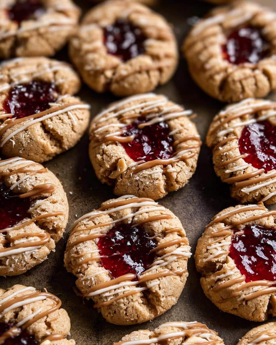 Close-up of freshly baked Peanut Butter Jam Thumbprint Cookies topped with raspberry jam and drizzled icing.