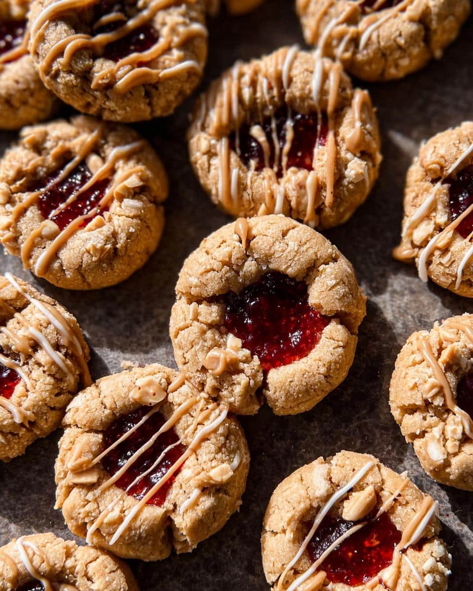 A close-up overhead shot of several freshly baked Peanut Butter Jam Thumbprint Cookies topped with a jam center and peanut butter drizzle.